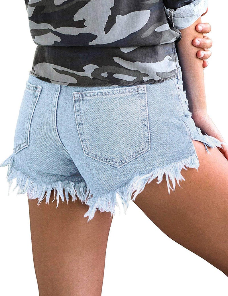 luvamia Women Casual High Waisted Denim Shorts Frayed Raw Hem Ripped Jeans Shorts A1 Powder Blue Size Medium Fits US 8-10 - Image 2
